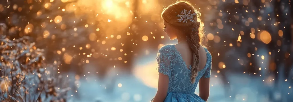 雪が降るなかで立つ白いドレスの女性、後ろ姿、ロングヘア、夜空と星の背景、幻想的な雰囲気の画像生成AIイメージ