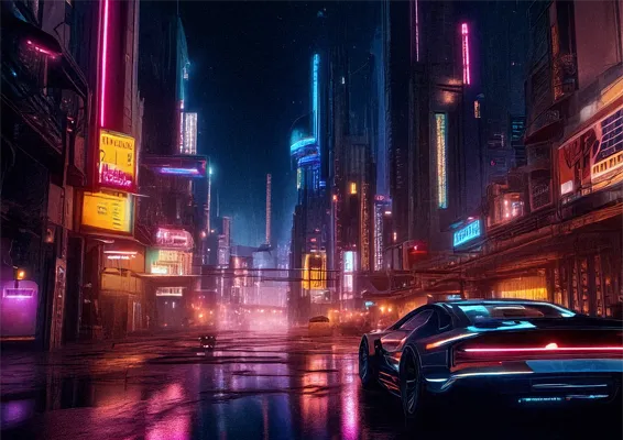プロンプト「サイバーパンクな未来都市の夜景、ネオンの光、浮遊する車、写真のようにリアル」と入力して生成された、詳細でクオリティの高い画像。