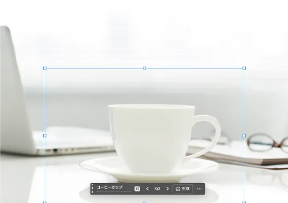 リンゴを選択範囲で囲み、「コーヒーカップ」とプロンプトを入力。リンゴがリアルなコーヒーカップに置き換わっている。